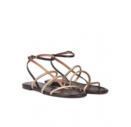 Black-gold leather ankle strap flat sandals Pura López