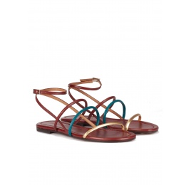 Gold, blue and burgundy leather ankle strap flat sandals Pura López