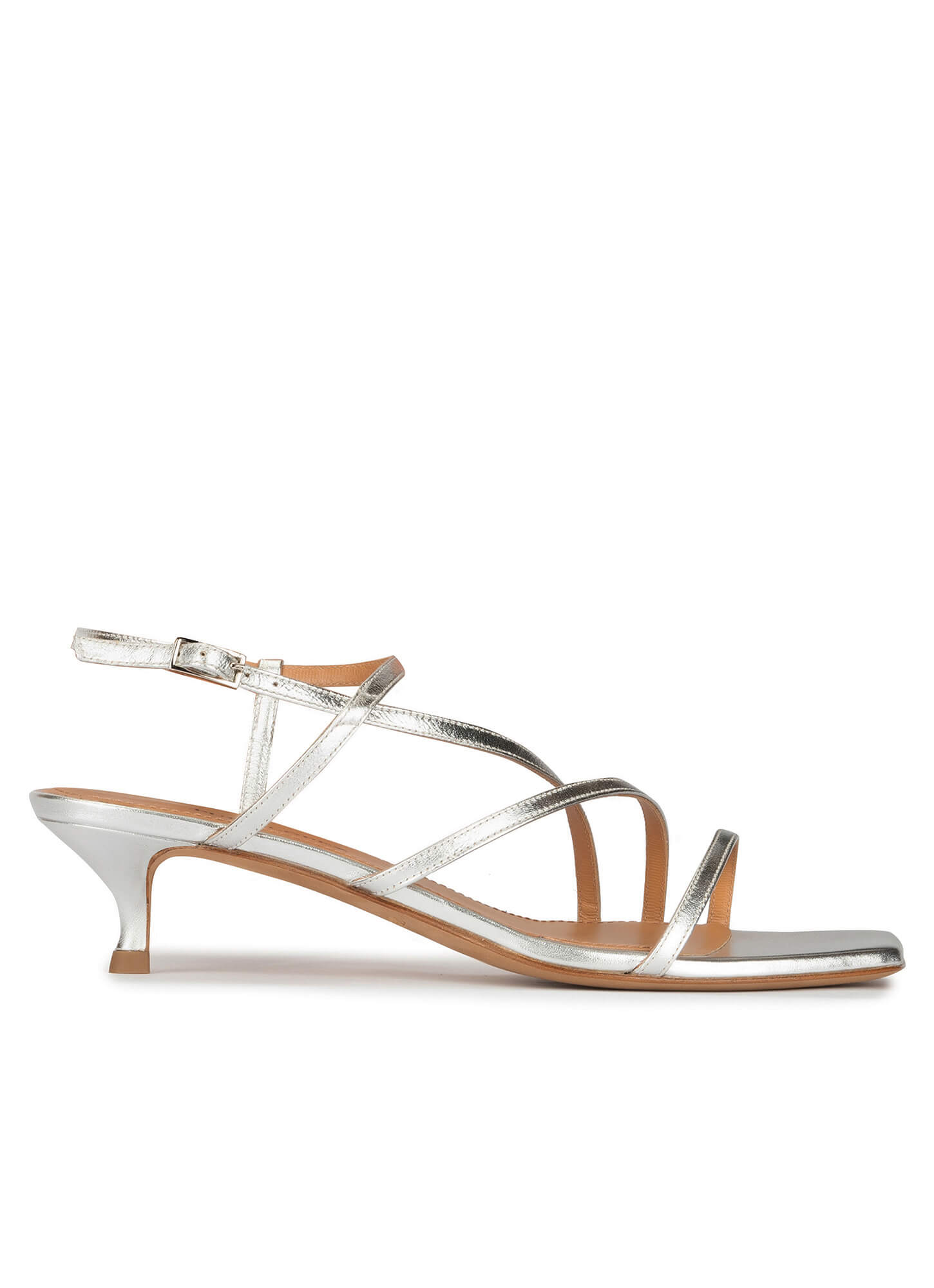 Strappy mid heel sandals in silver metallic leather . PURA LOPEZ