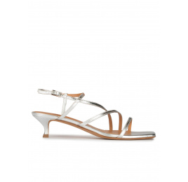 Strappy mid heel sandals in silver metallic leather Pura López