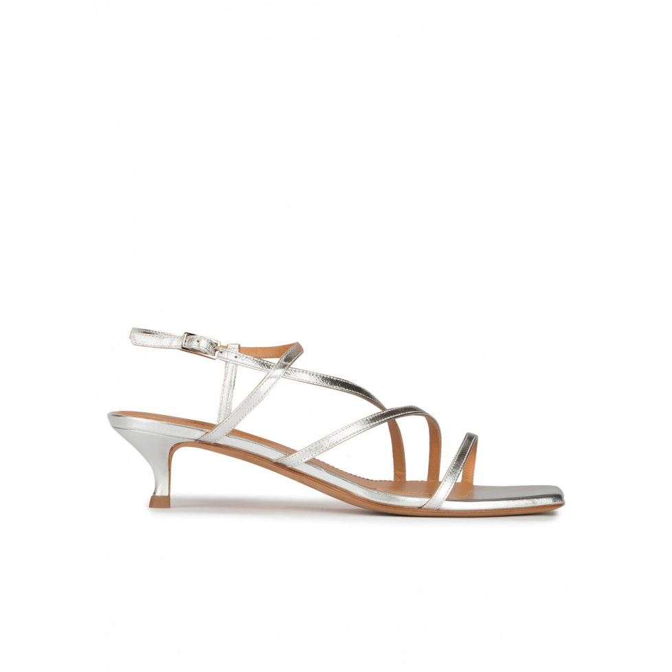 Strappy mid heel sandals in silver metallic leather