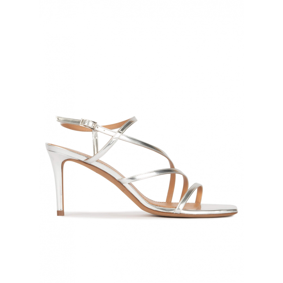 Silver mid heel squared-off toe sandals