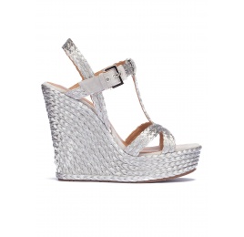 Silver T-bar espadrille wedge sandals Pura López