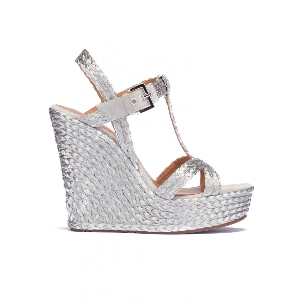 Silver T-bar espadrille wedge sandals