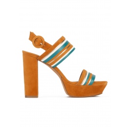 Platform high block heel sandals in camel suede Pura López