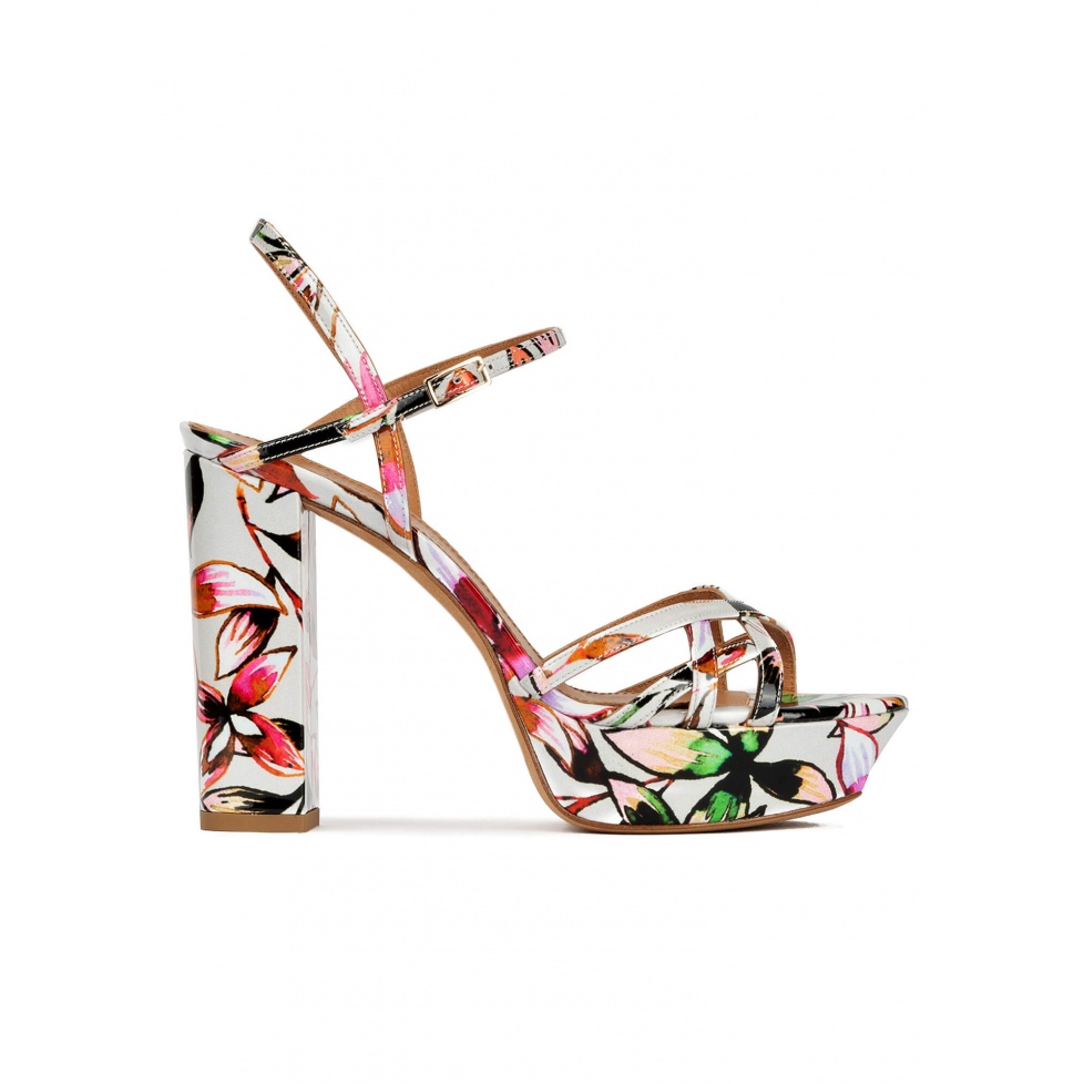 Floral print platform high block heel sandals