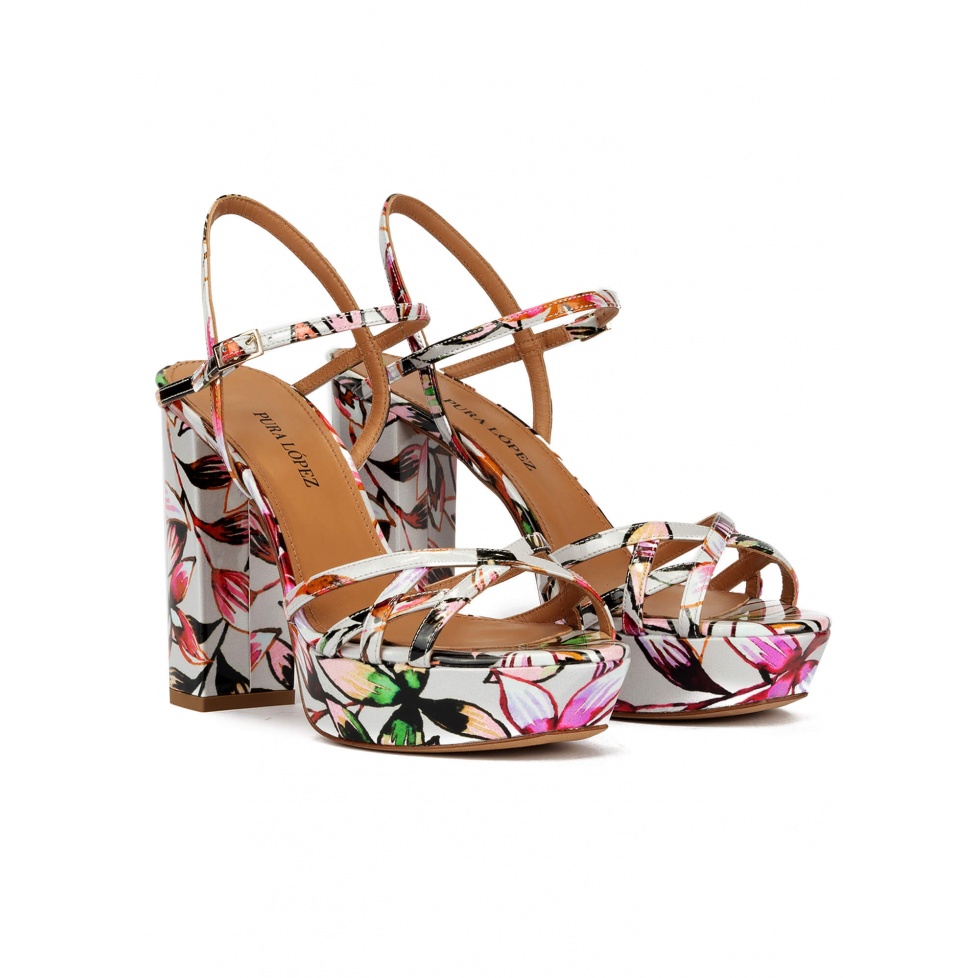 Floral print platform high block heel sandals