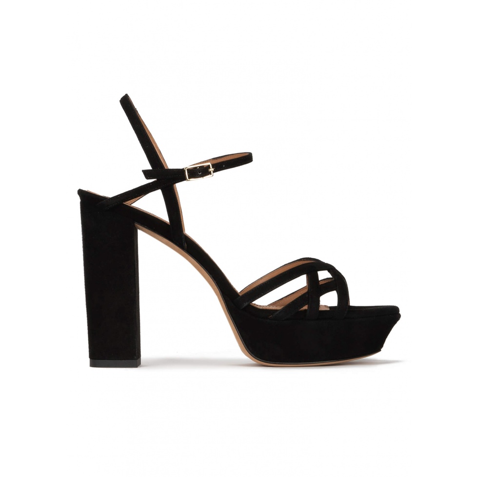 Black platform high block heel sandals in suede