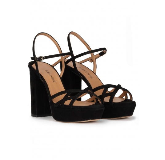 Black platform high block heel sandals in suede Pura López