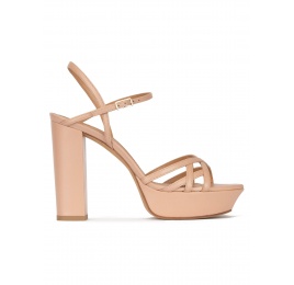 Platform high block heel sandals in nude leather Pura López