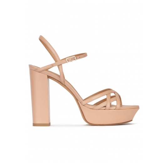 Platform high block heel sandals in nude leather Pura López