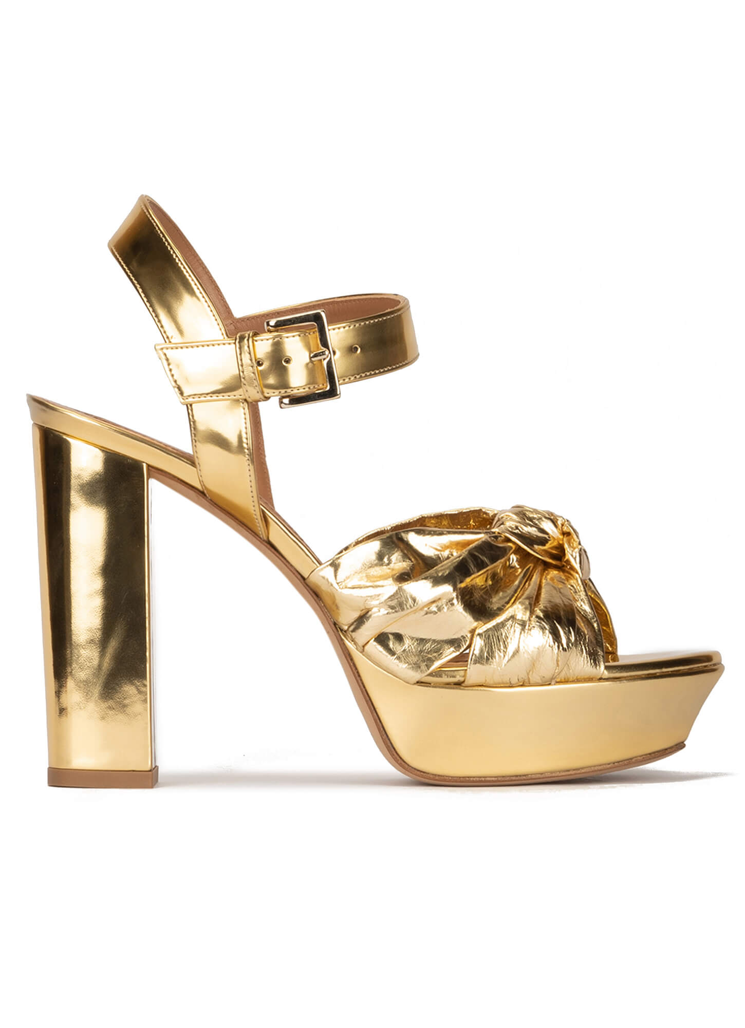 Chunky heel platform sandals in gold mirrored leather . PURA LOPEZ