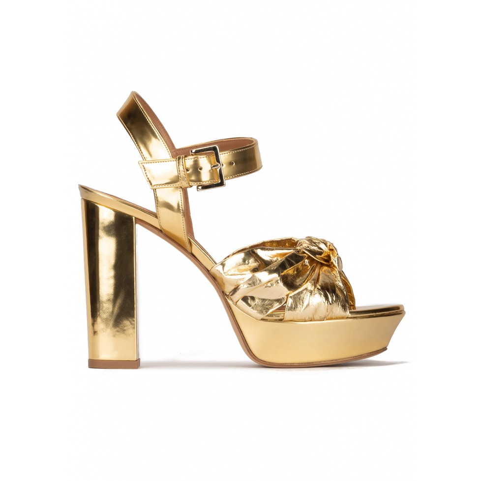 Chunky heel platform sandals in gold mirrored leather