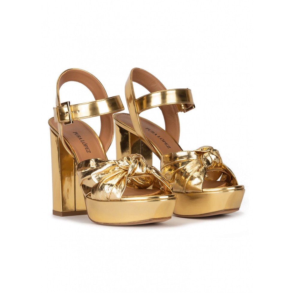 Chunky heel platform sandals in gold mirrored leather