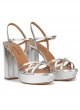 Platform high block heel sandals in silver leather