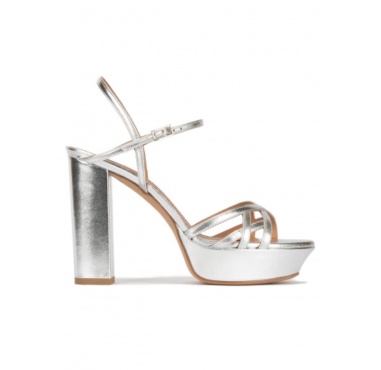 Platform high block heel sandals in silver leather Pura López