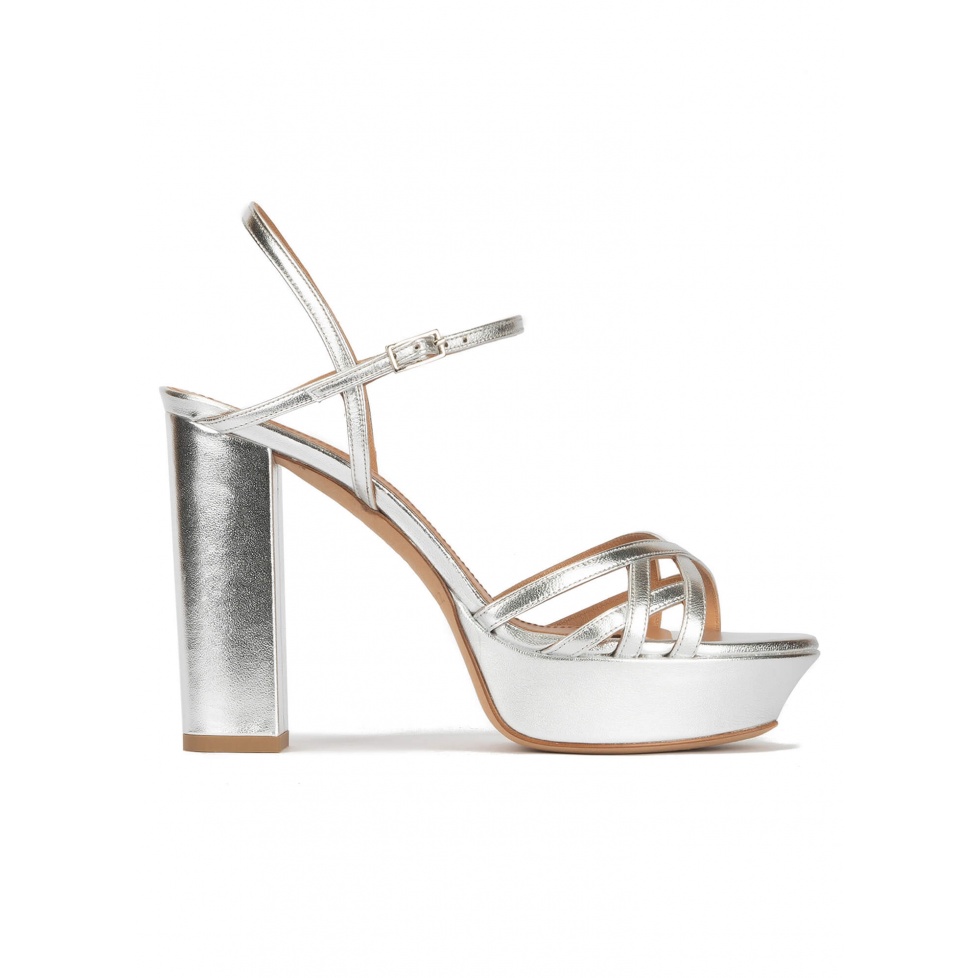 Platform high block heel sandals in silver leather