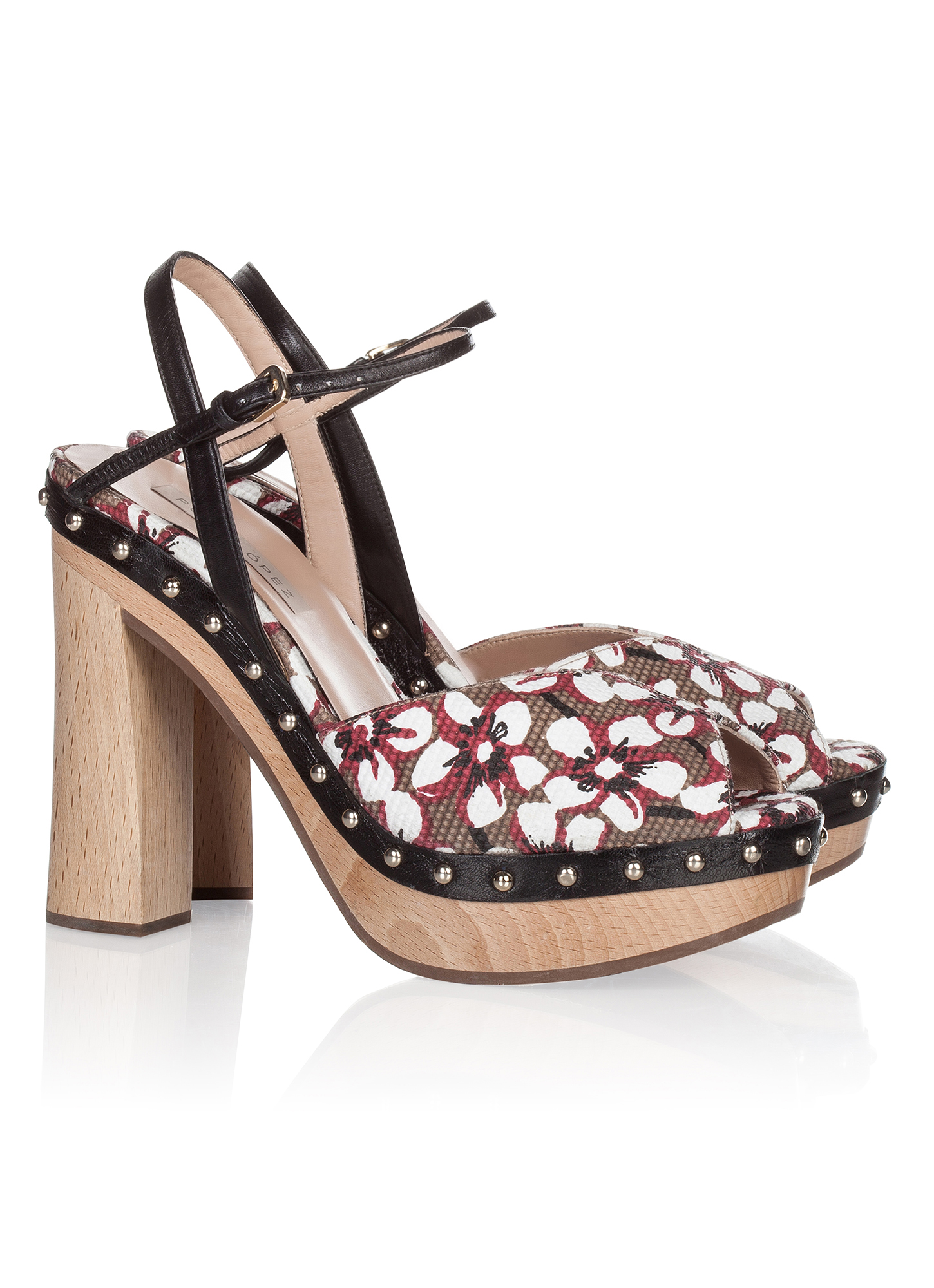 Sandalias Pura López con plataforma de madera en tejido estampado