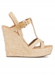 T-bar high wedge sandals in natural raffia and suede
