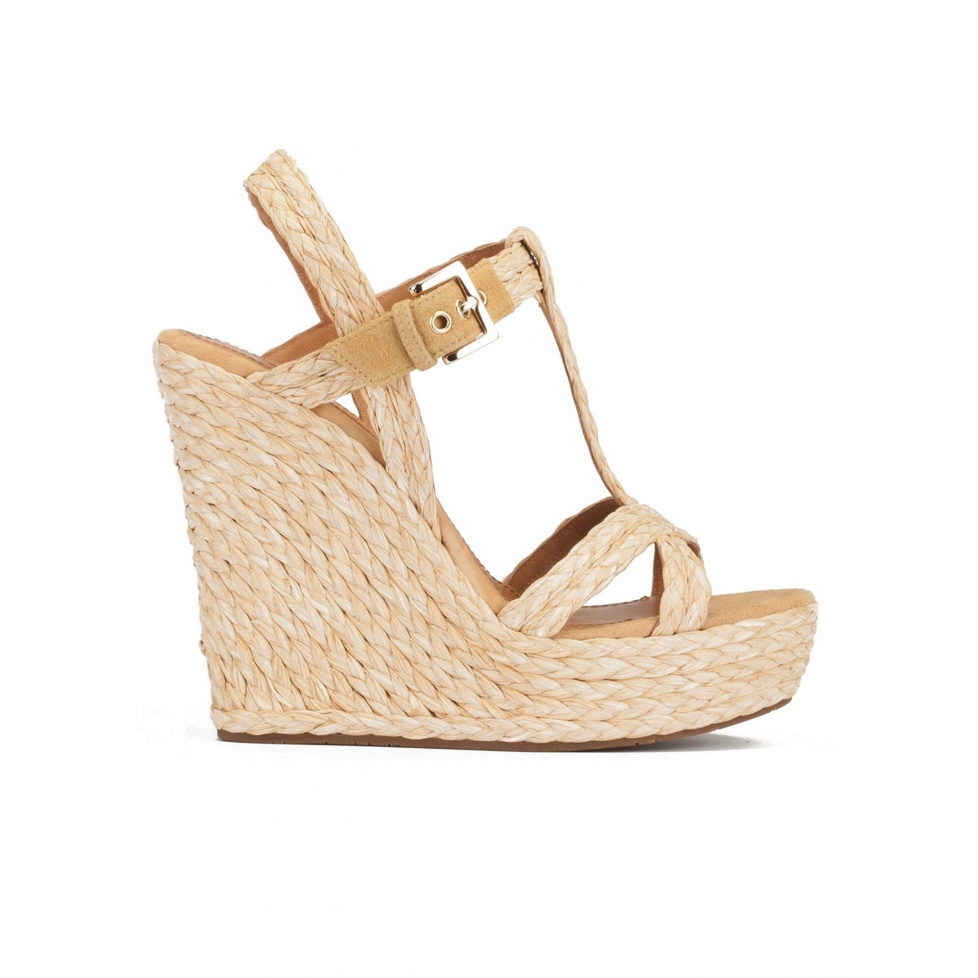 T-bar high wedge sandals in natural raffia and suede