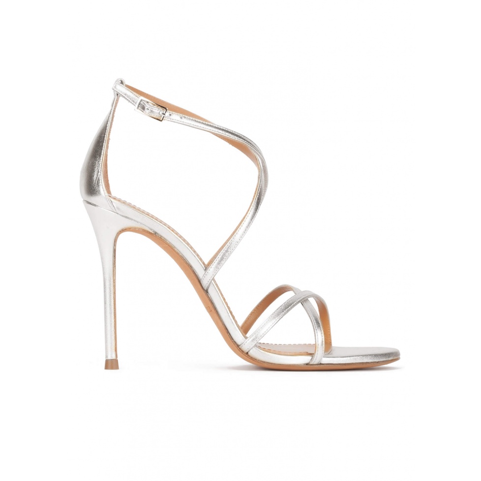 Strappy high-heeled sandals in silver leather