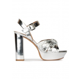 Block heel platform sandals in silver mirrored leather Pura López