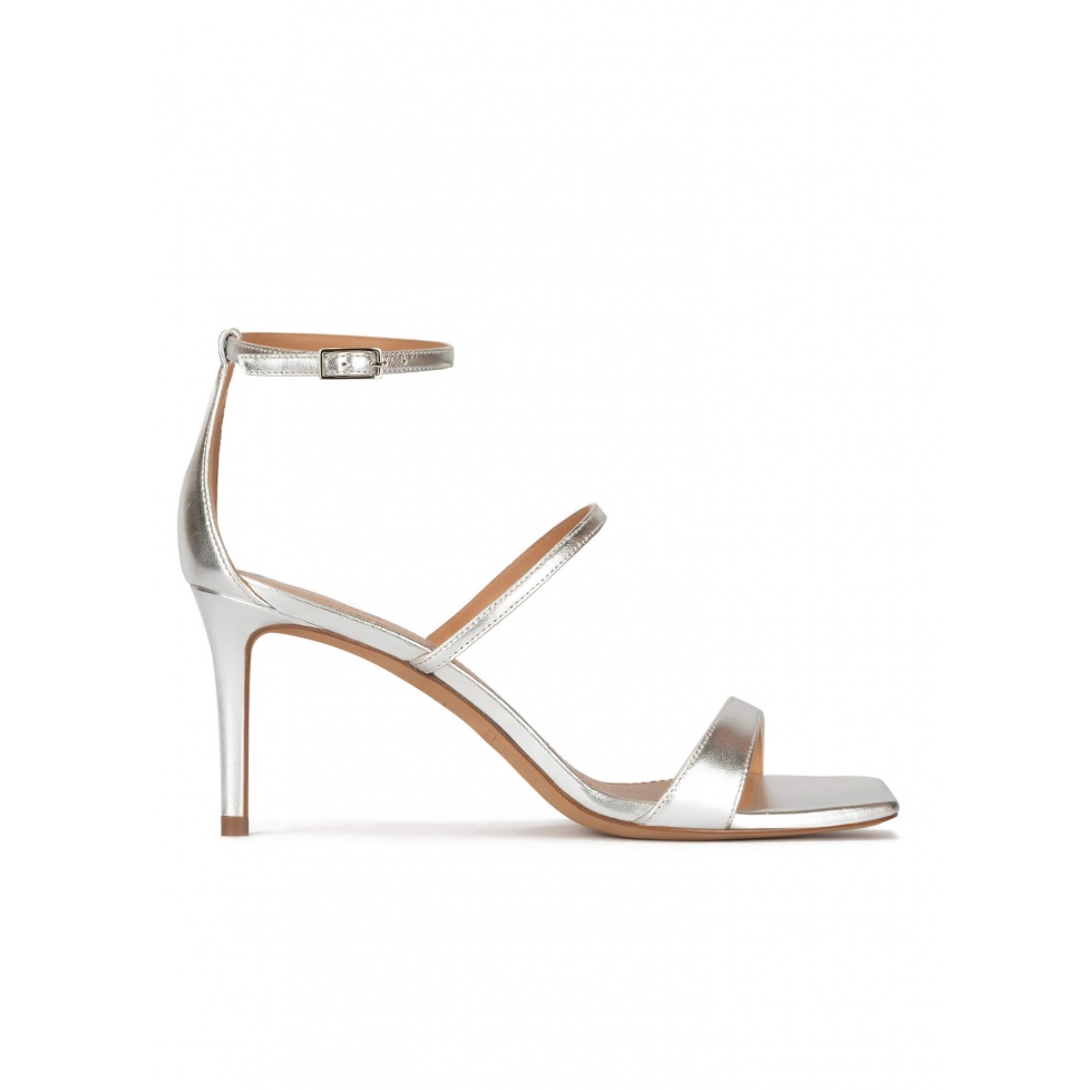 Silver leather ankle strap mid-heeled sandals