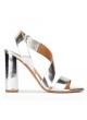 Strappy high block heel sandals in silver mirrored leather