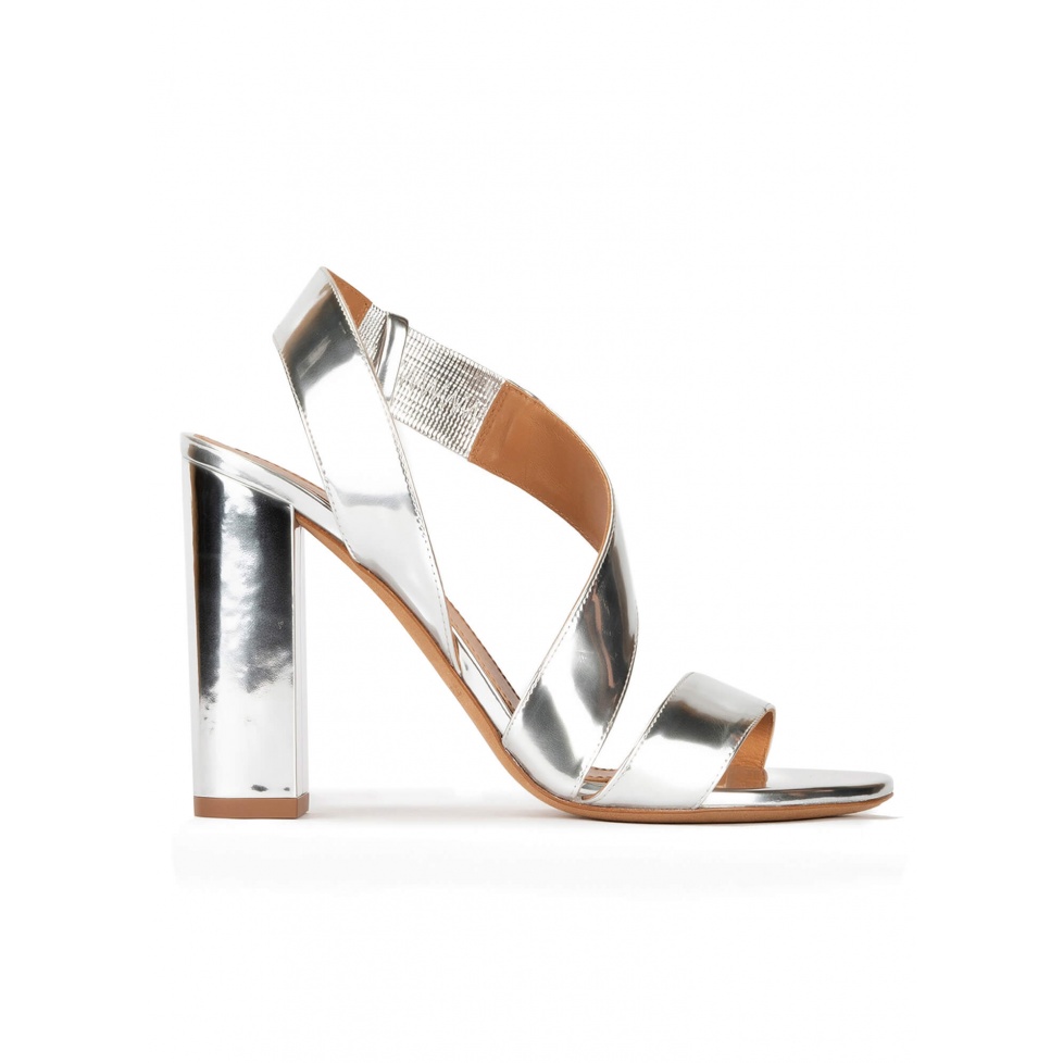 Strappy high block heel sandals in silver mirrored leather