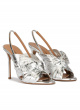 Bow embellished silver high heel sandals in leather