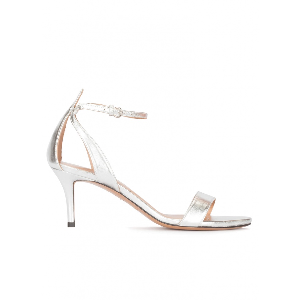 Ankle strap mid heel sandals in silver leather