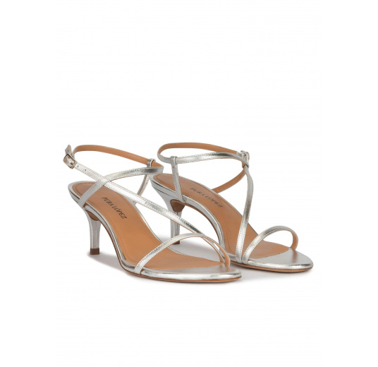 Strappy mid-heeled sandals in silver metallic leather Pura López