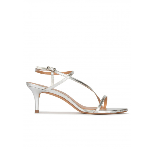 Strappy mid-heeled sandals in silver metallic leather Pura López