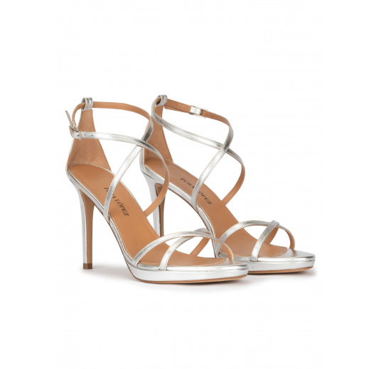 Strappy platform high heel sandals in silver Pura López