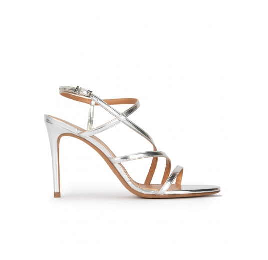 Strappy high heel sandals in silver leather Pura López