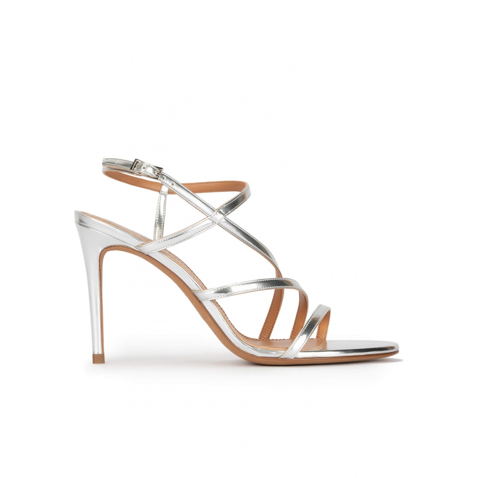 Strappy high heel sandals in silver leather