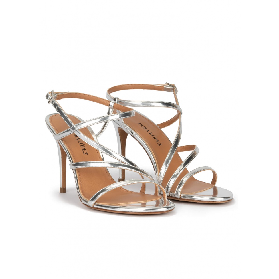 Strappy high heel sandals in silver leather
