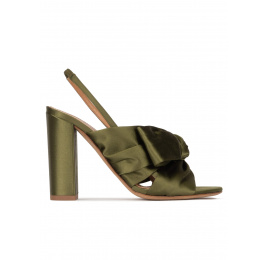 High block heel sandals in khaki green satin Pura López