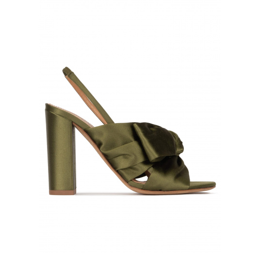 High block heel sandals in khaki green satin Pura López