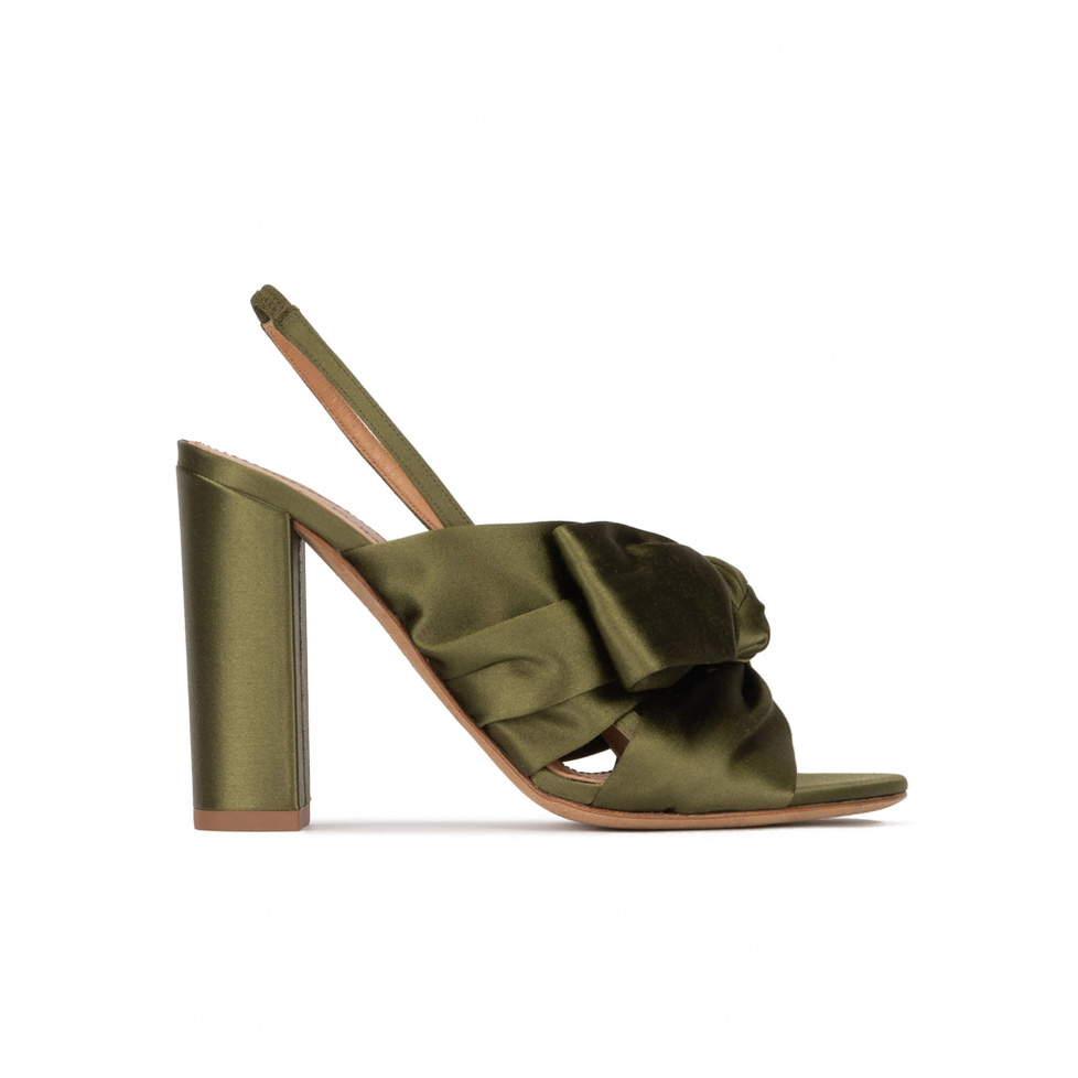 High block heel sandals in khaki green satin