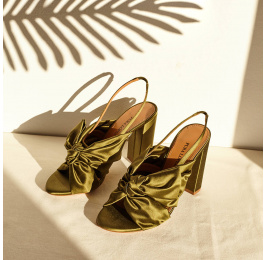 High block heel sandals in khaki green satin Pura López