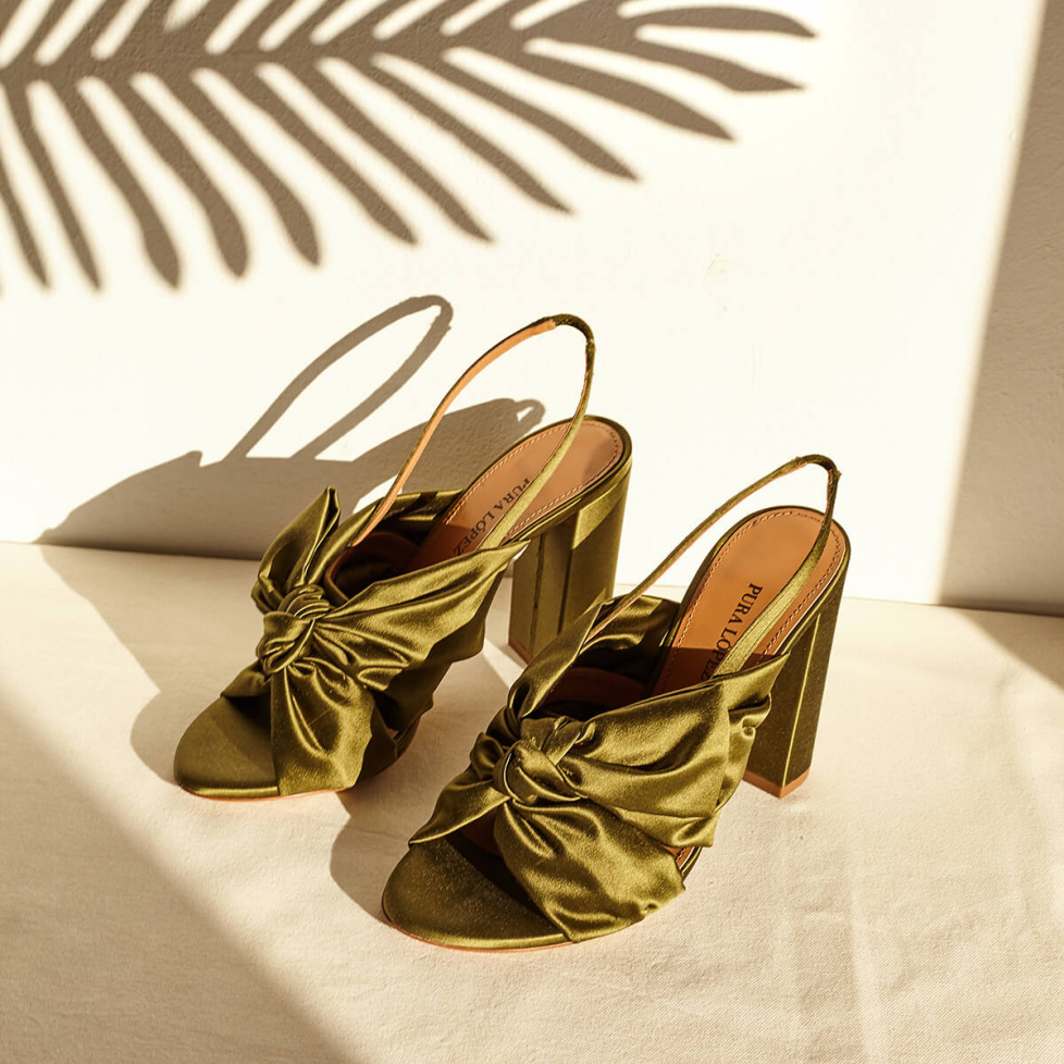 High block heel sandals in khaki green satin