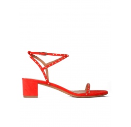 Studded mid block heel sandals in red suede Pura López