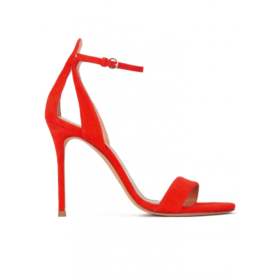 High heel ankle strap sandals in red suede