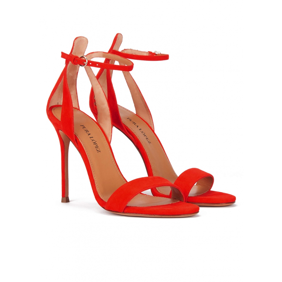 High heel ankle strap sandals in red suede