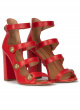 High block heel sandals in red leather with buttons