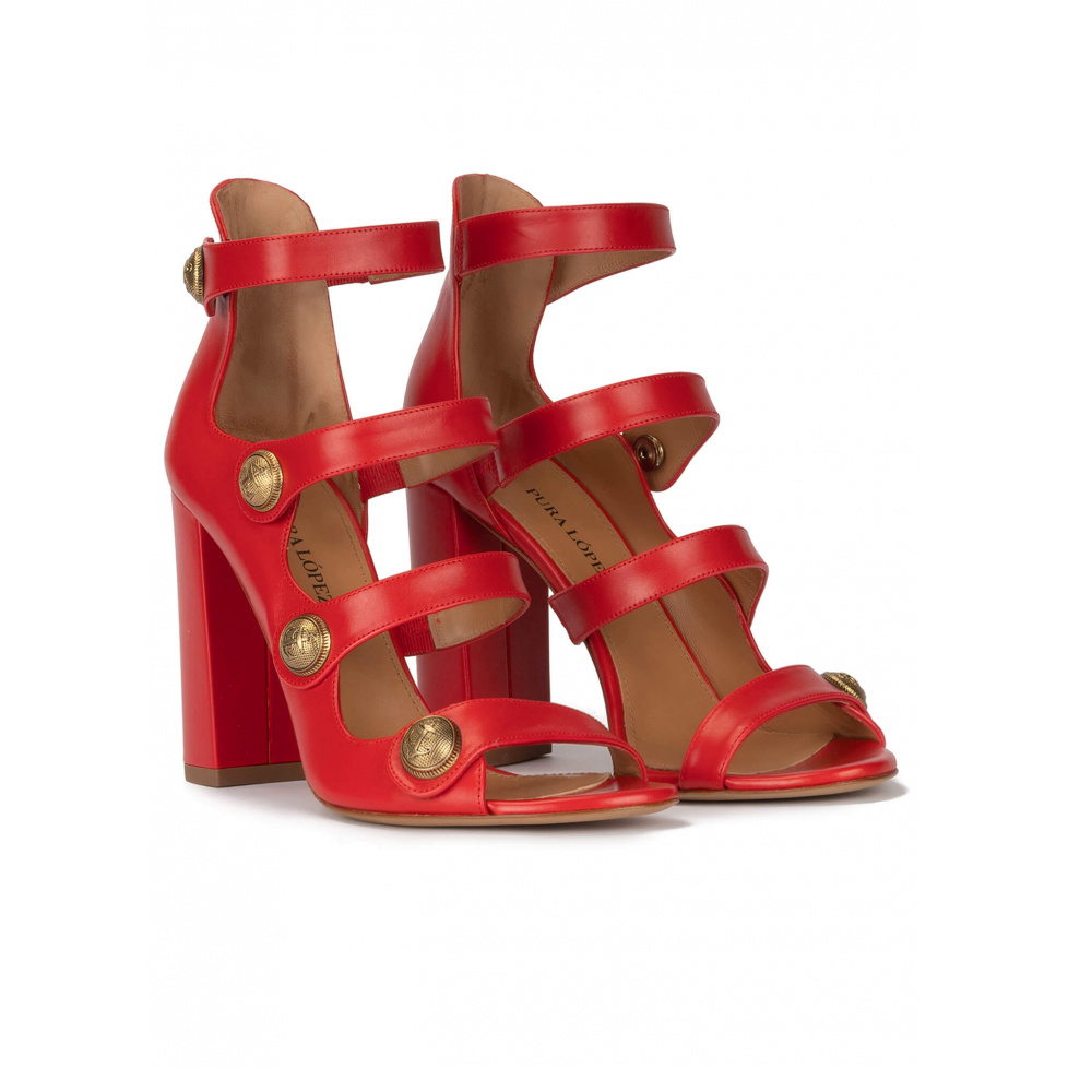 High block heel sandals in red leather with buttons