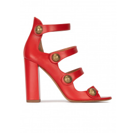 High block heel sandals in red leather with buttons Pura López