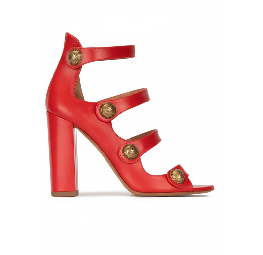 High block heel sandals in red leather with buttons Pura López