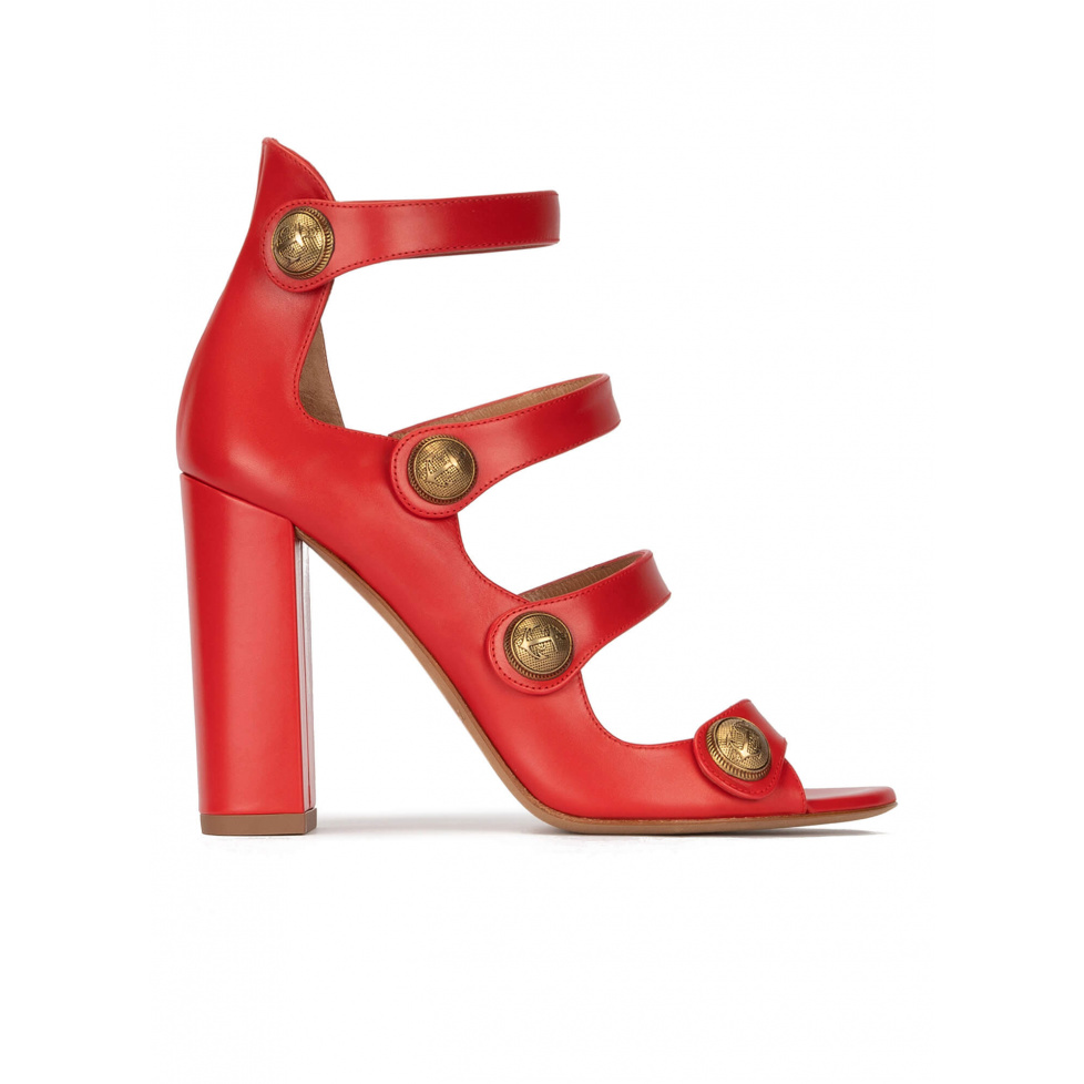 High block heel sandals in red leather with buttons